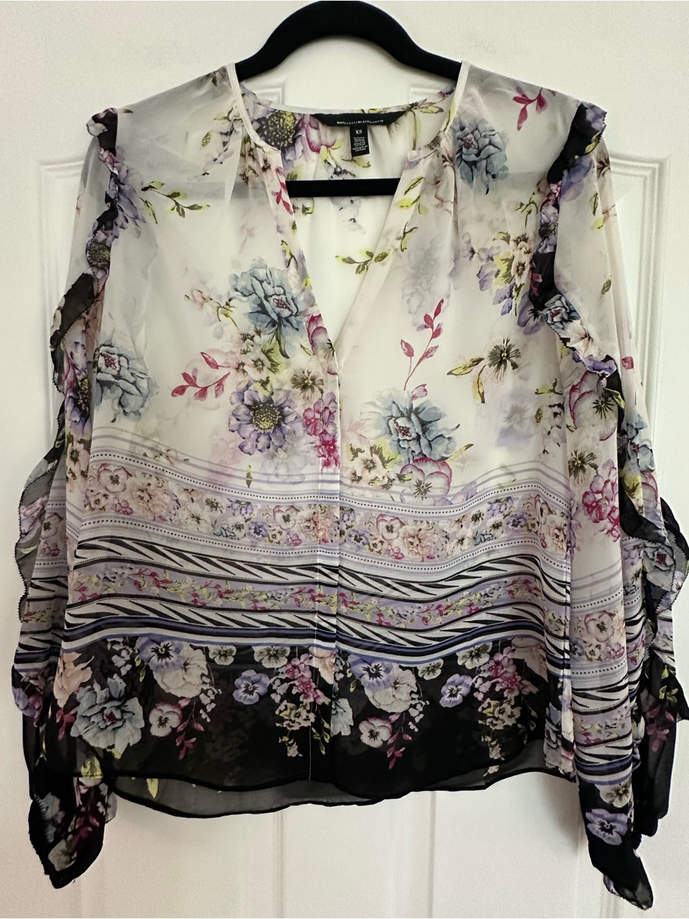 White House Black Market Floral V-Neck Chiffon Blouse - White, Black, Purple